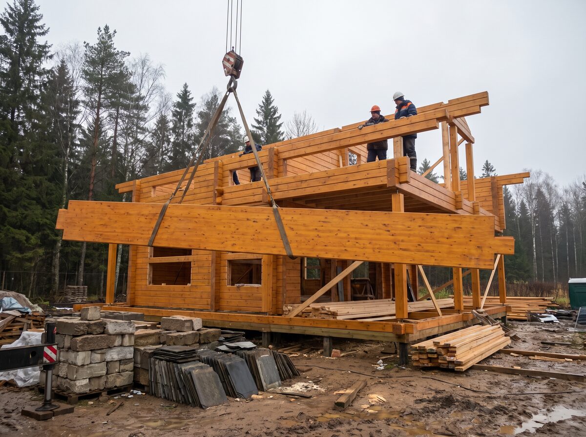 A glulam house being assembled