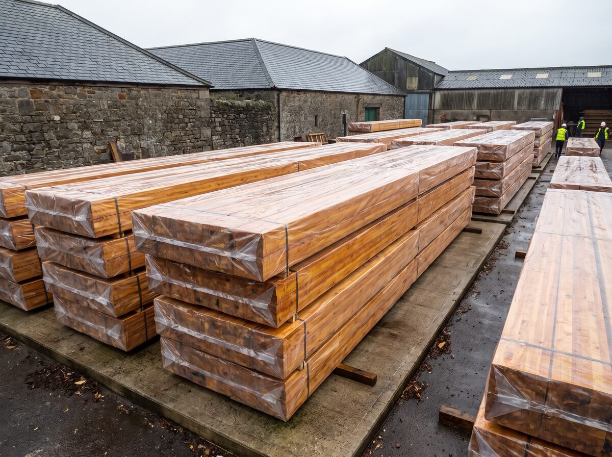 Bundled glulam beams at a timber yard